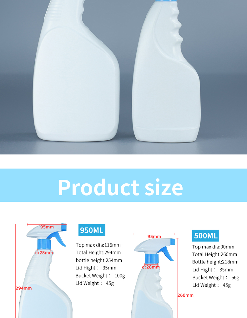 Cleanser Detergent Plastic PE Spray Bottle With Nozzle 950ml 500ml