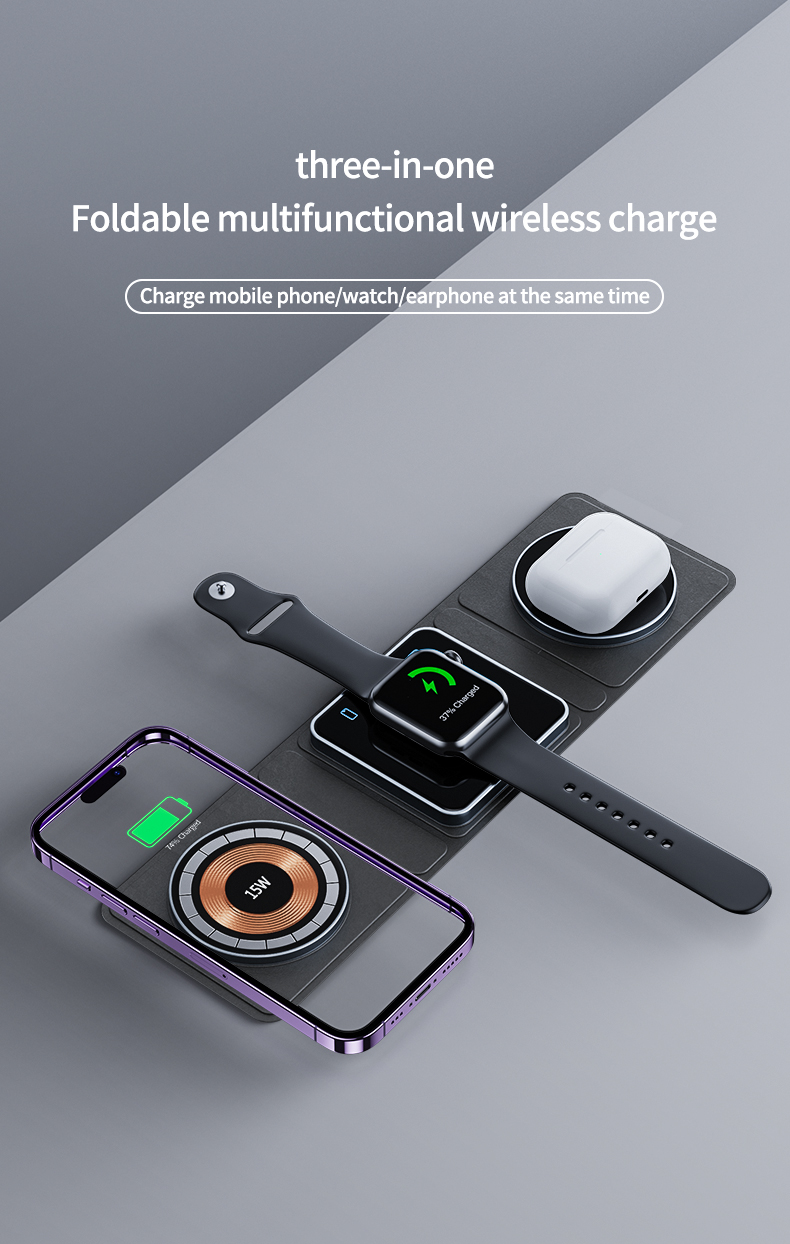 Foldable 3 in 1 Wireless Charger 6.5V-9V/2A Output Voltage and Current for Travel