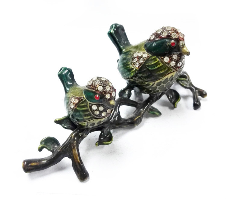 Mun and baby birds design jeweled box enamel birds trinket box with crystals
