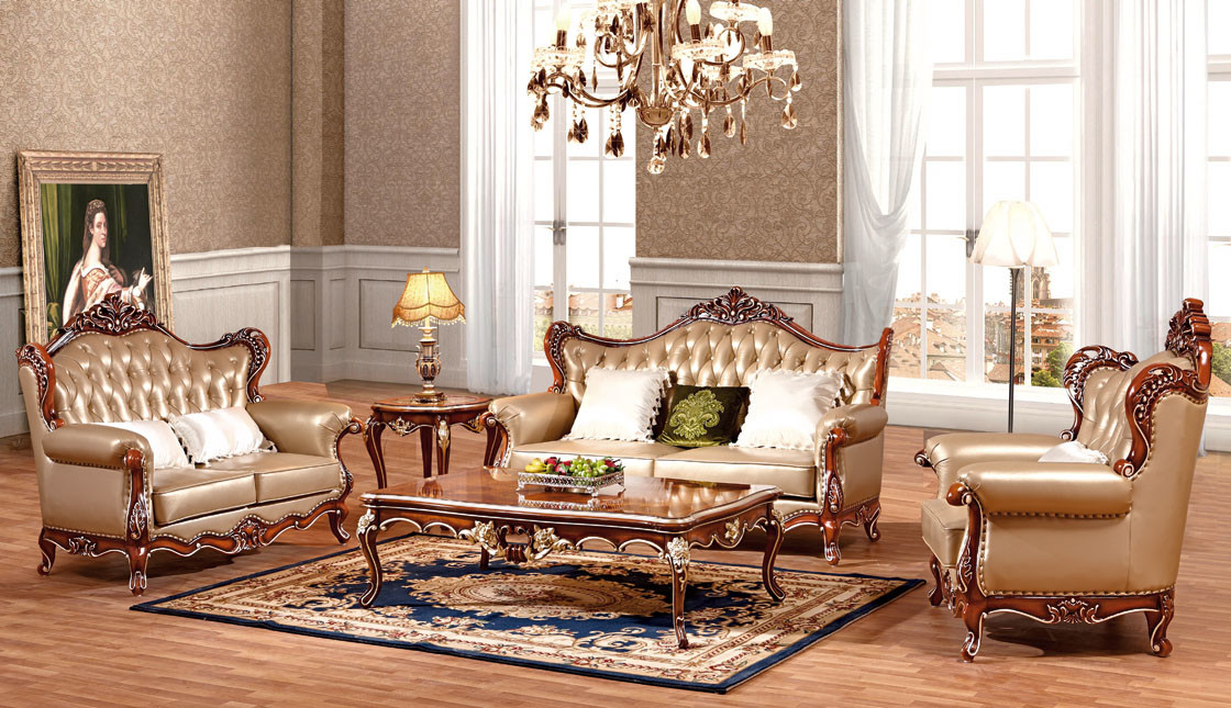 New French style picture leather and wood sofa furniture antique classic sofa set