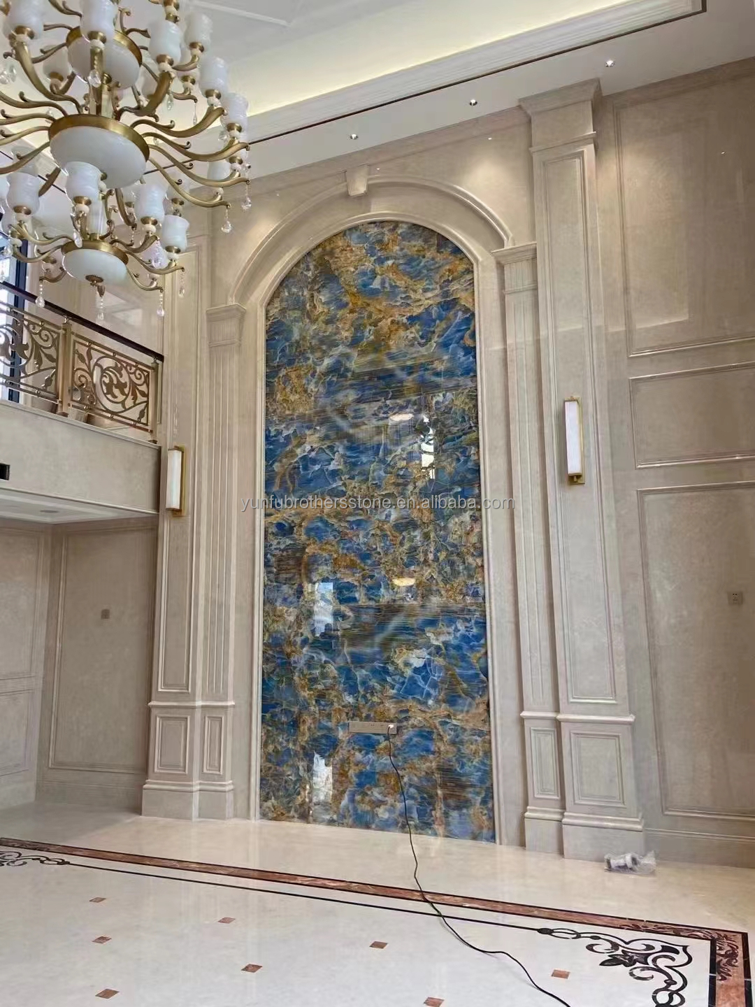 Blue Golden Onyx Stone Slabs Natural Translucent Marble for TV Background Wall Panels