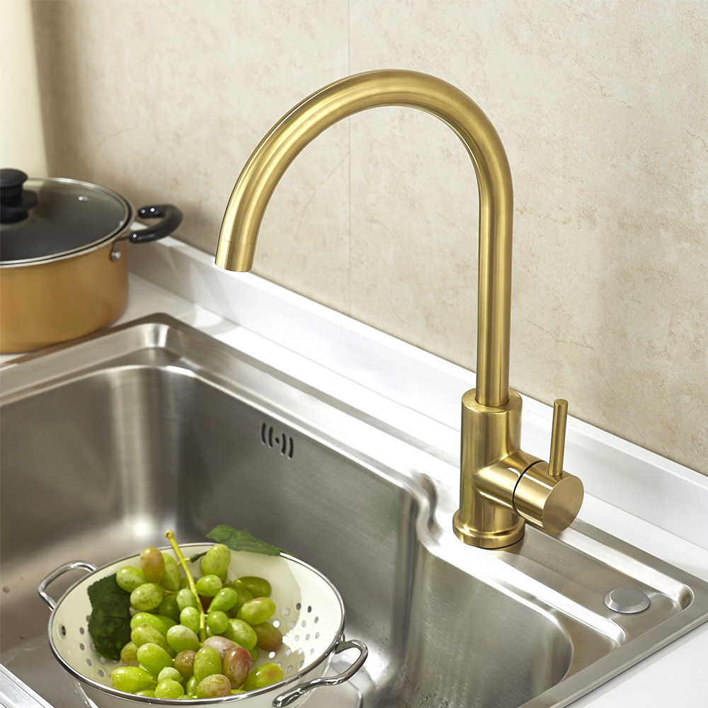 Promotion Durable Deck Mounted Single Handle Brass Color Kitchen Water Faucet Steel 304/316 Material