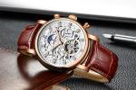 Brand KINYUED watch diamond decoration dial skeleton mens leather automatic