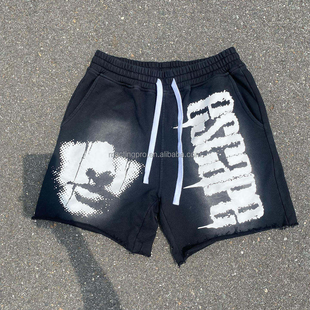 Vintage Graphic French Terry Shorts with Drawstring Closure and Distressed Acid Wash