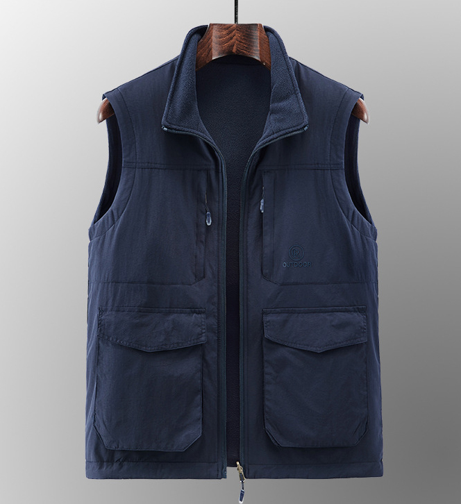 Multi Pockets Cargoes Waistcoat Solid Color Utility Zipper Sleeveless Sherpa Windbreaker Softshell Vest for Mens