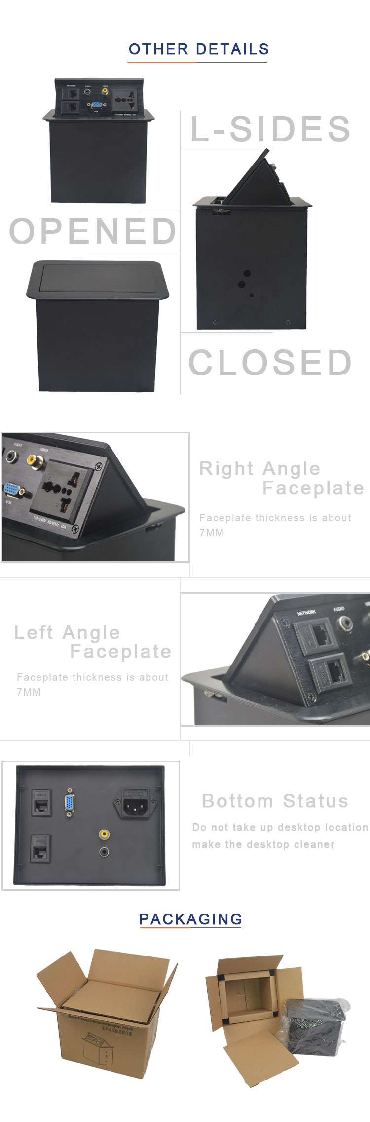 Aluminum universal multimedia hydraulic tabletop power socket box