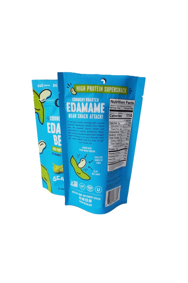 Moisture Proof Self Holding Plastic Food Rated Snack Beans Packaging Bag With Zipper