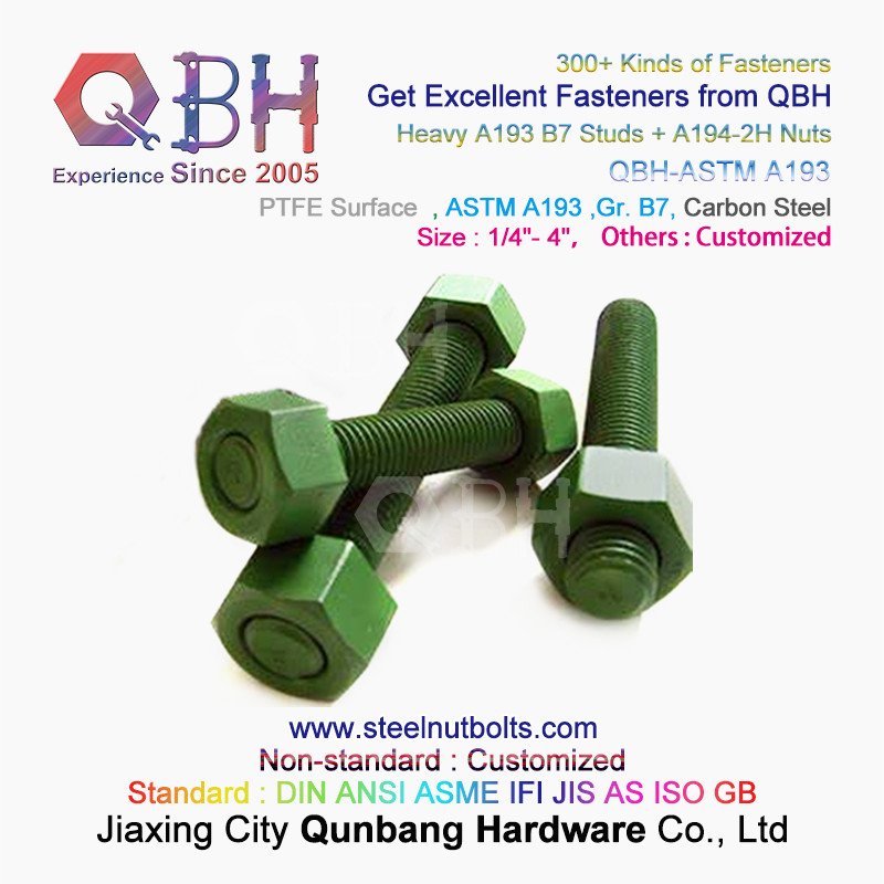 QBH PTFE 1070 Red/Blue/Black/Green Coated 1/4"-4" ASTM A193 B7 Threaded Rod Stud Bolt With A194-2H Heavy Hex Nut