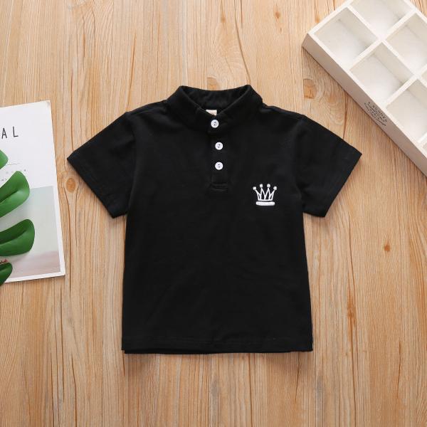 110CM Black Short Sleeve Polo Shirt Outfit Crown Embroidered For Toddler