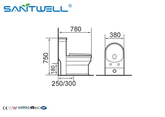 CE Approved Gold Ceramic Toilet SWC1411 780*380*750 Mm Dual Flush Washdown