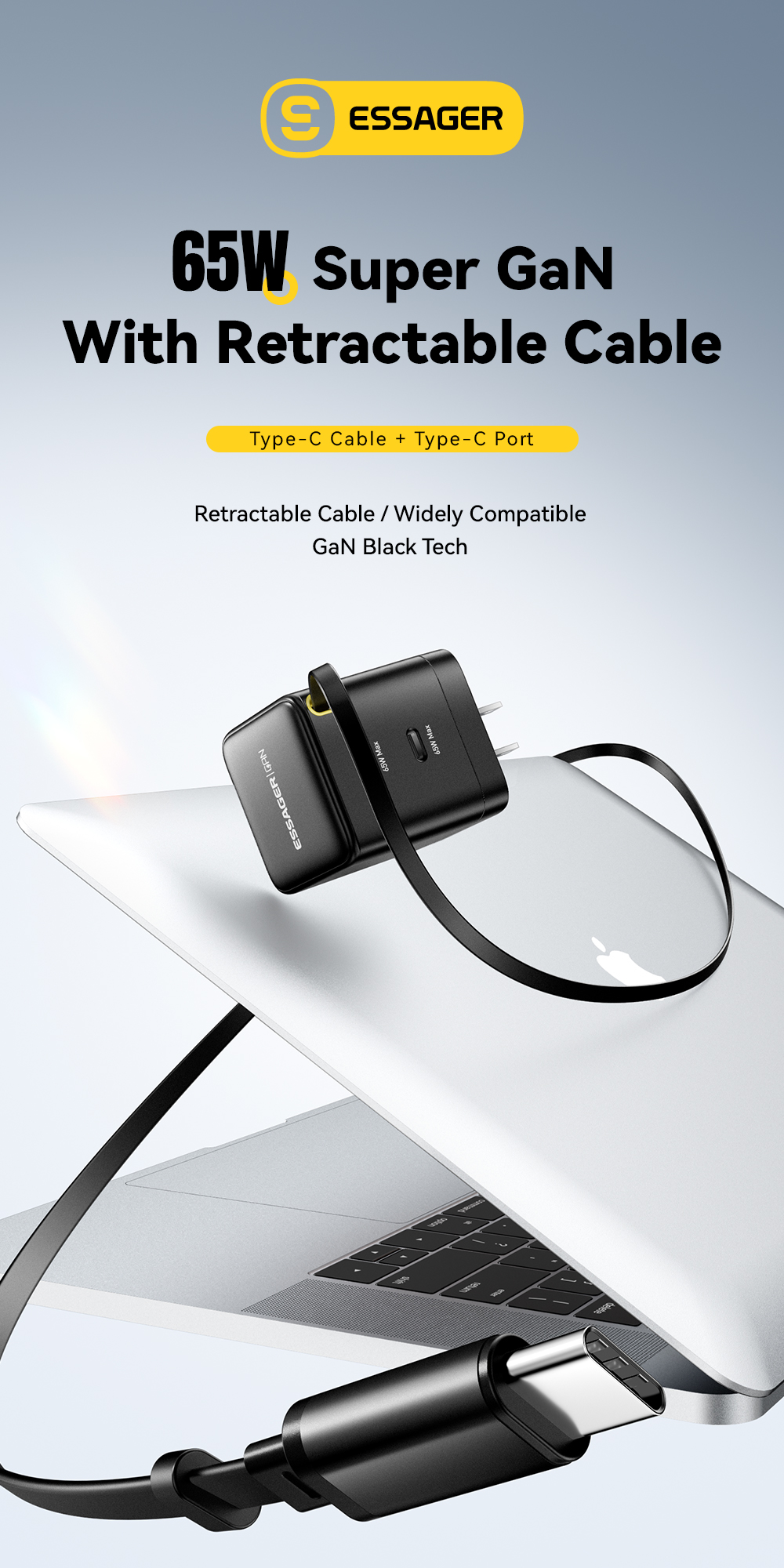 ESSAGER G652CU Series 65W Built-In USB-C Cable GaN USB-C Charger