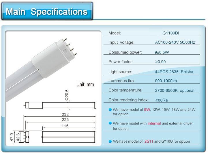 2G11 led tube light 12W 2G11 PLL lamp 2G11 led lamp 410mm wirh smd 2835 led AC85-265V 3 years warranty