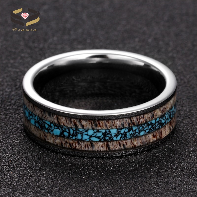 Mens Flat Silver Tungsten Wedding Bands 8mm Inlaid With Turquoise And Nature Antler