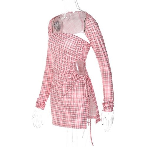 OEM maufactory long -sleeved short skirt side polyester women's pink lattice dress