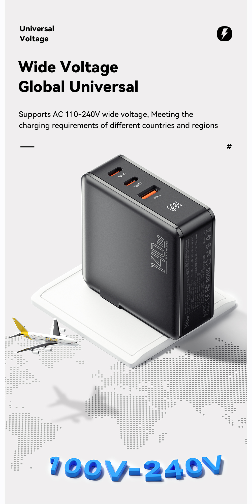 Dual USB 2 Ports Travel 140w GaN Chargers Quick Charging Phone Accessories