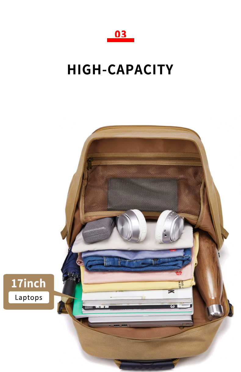 56-77Litre Vintage Canvas Laptop Backpack Khaki Color Waterproofing