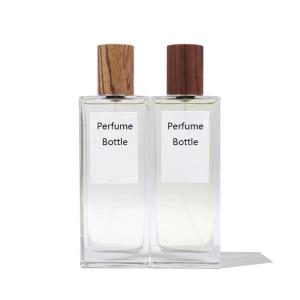 China Empty 50ml Rectangle Perfume bottle Cosmetic glass Square Aroma bottle Wooden Cap wholesale