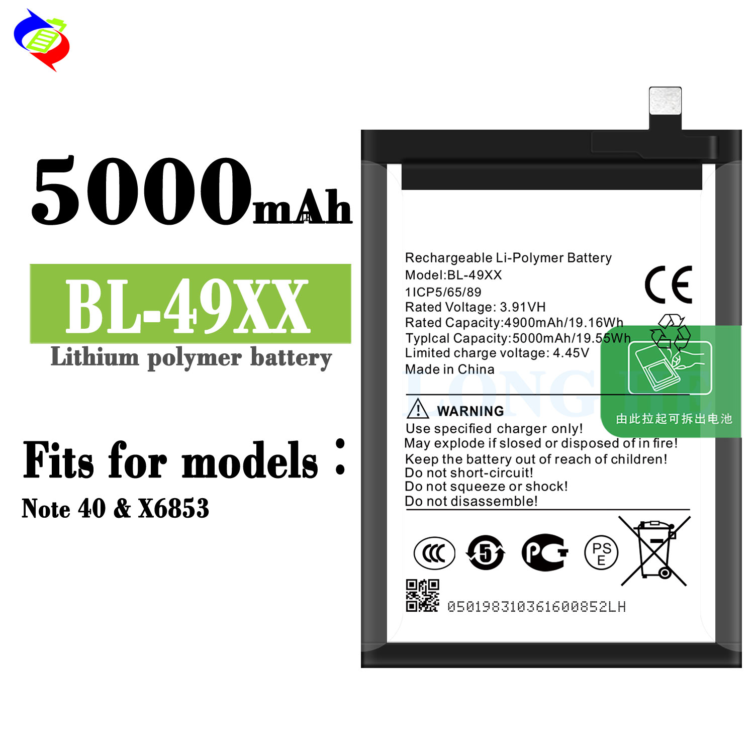 100% Compatible BL-49XX 3.91V 5000mAh Mobile Phone Battery For Infinix Note 40 X6853