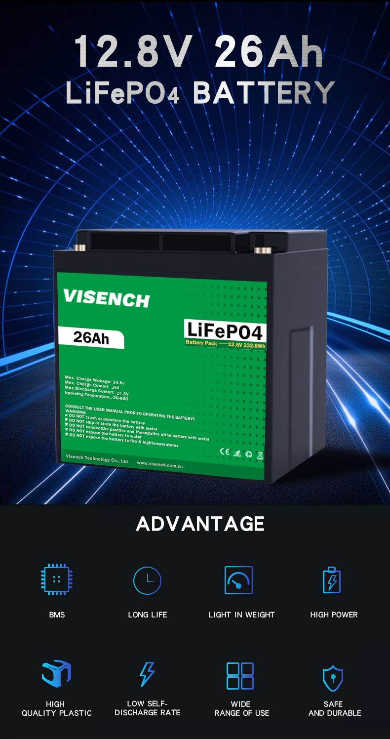 Visench Best Seller US Germany UK Canada 12.8 v 26Ah Deep Cycle 12 volt Lithium Ion Batteries 12V 26ah LiFePO4 Battery