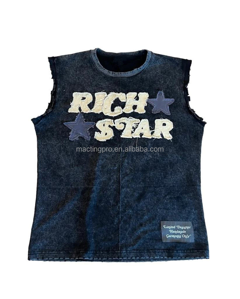 Men's Hip Hop 100% Cotton Acid Washed Sleeveless Tank Top with Custom Logo Embroidery