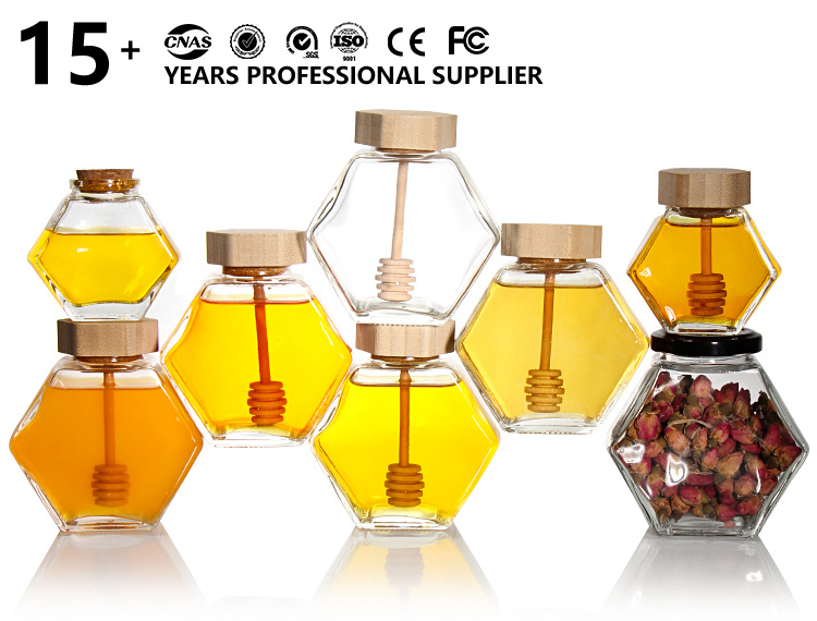 Hexagon Food Grade Honey Glass Jars with Wooden Lids Honey Bottle Jars