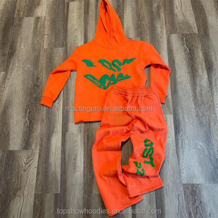 Men'S 3D Puff Print Flared Sweatpants And Cropped Hoodie Set For Tracksuit