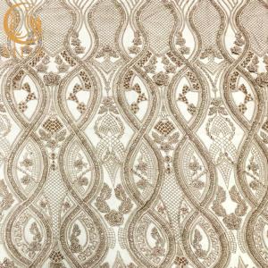 China 3D Beaded Embroidery Dress Lace Fabric Gold Nigerian Style 135Cm Width wholesale