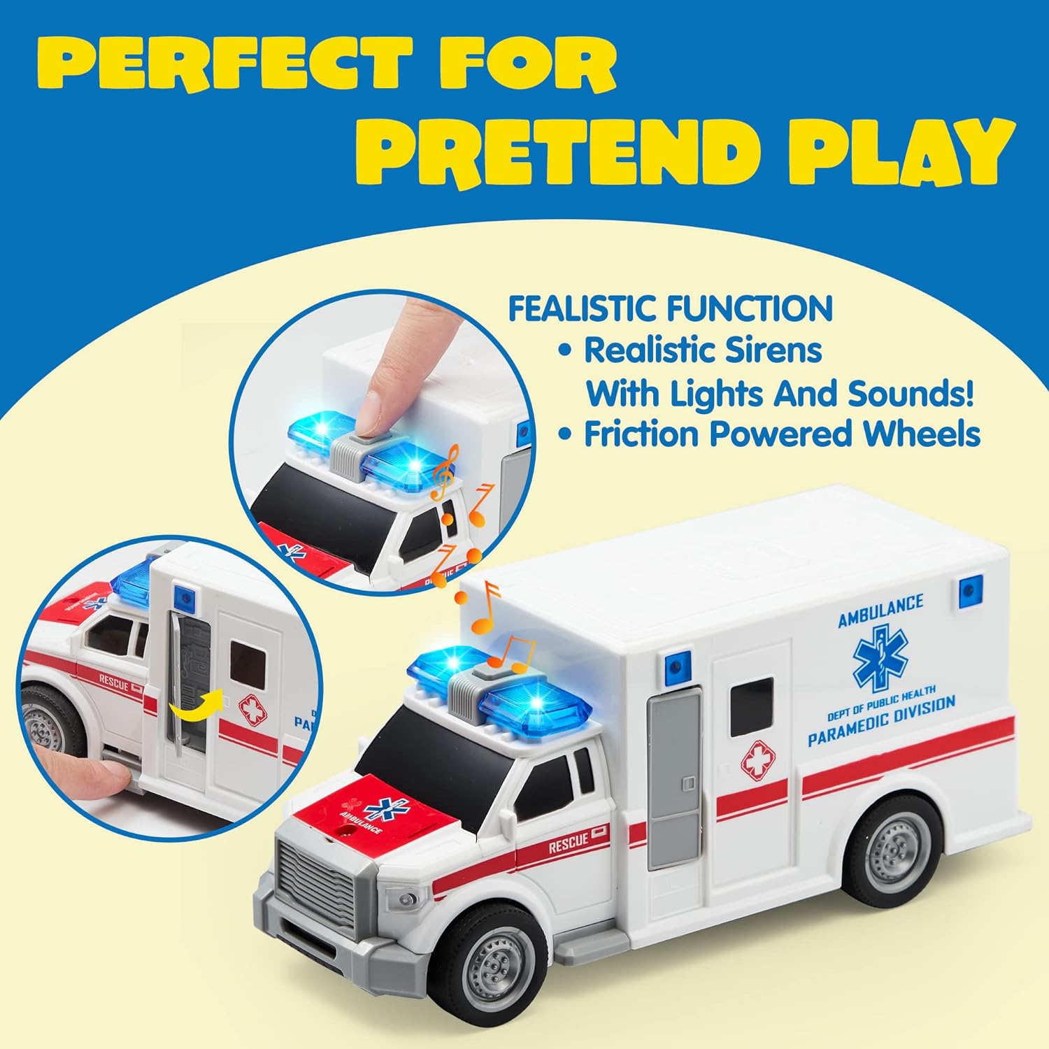 Police Car Emergency Vehicle Friction Powered Car Birthday Gifts for Boys Girls Age 3-9