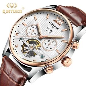 China KINYUED Fashion Tourbillon Automatic Movement Mens Automatic Mechanical Watch Genuine Leather Wristwatch wholesale