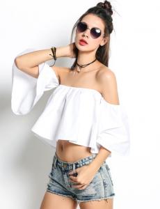 China Ladies Tops Latest Design Women Off Shoulder Flare Sleeve Ruffles Solid Crop Tops wholesale