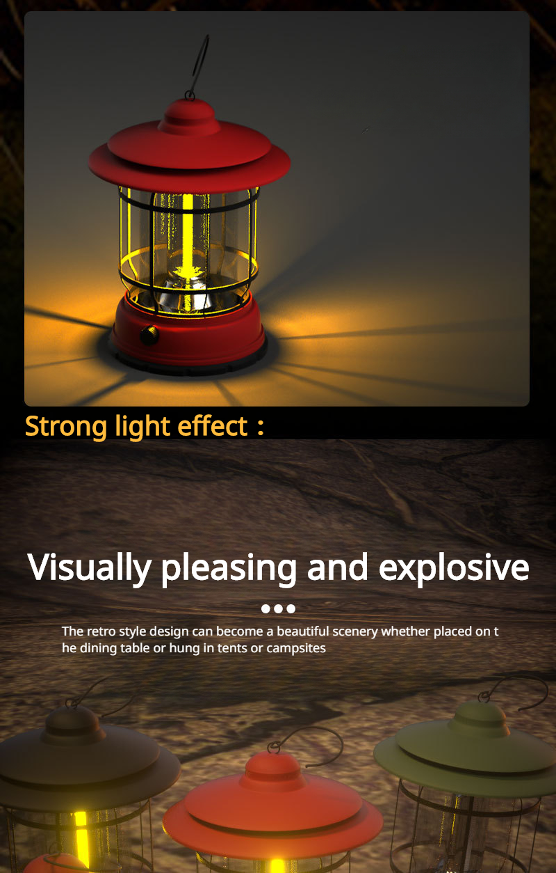 Outdoor retro American camping light 3 gears adjustable USB rechargeable portable camping tent flashlight