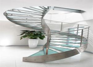 China Residential Metal Spiral Staircase Stainless Steel Railing Laminated Glass Treads wholesale