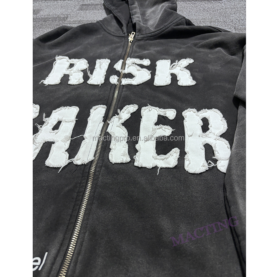 Custom Distressed Patch Embroidery Vintage Applique Men's Cropped Stone Acid Washed Hoodie