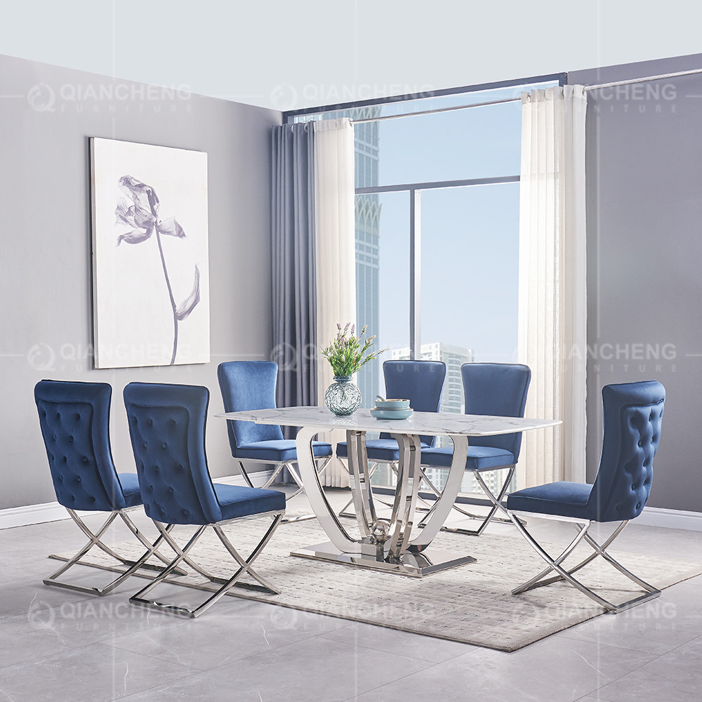 Qiancheng 200x100x75cm Marble Top Restaurant Tables Smooth SS Lightweight Frame