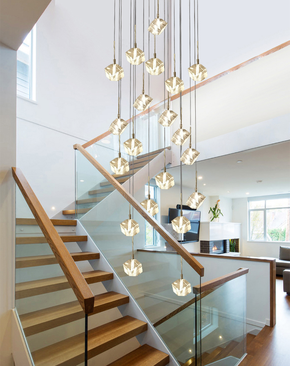 LED square pendant lights hotel villa large spiral staircase chrome Diamond Chandelier(WH-NC-57)