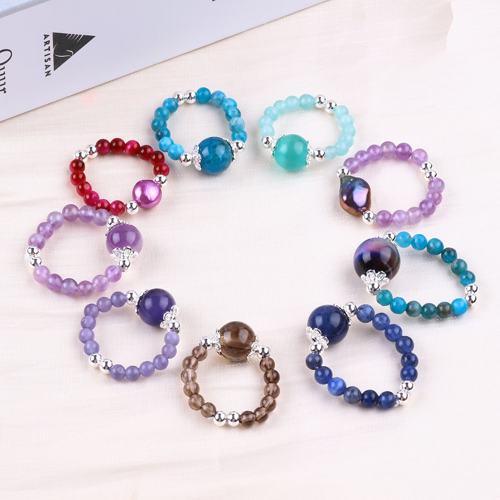 4mm Handmade Gemstone Beaded Ring Adjustable Elastic Sodalite Stone Ring For Party Daily Wearing