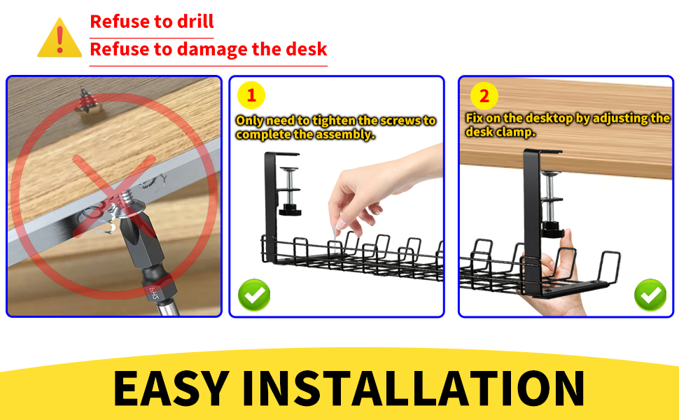Adjustable Cable Management Tray for Desk No Drilling Required Large Space Metal Tray