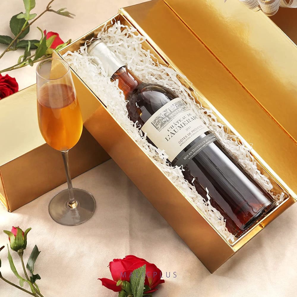 Foldable Sturdy Cardboard Wine Gift Packaging Boxes Shiny Gold With Embossing