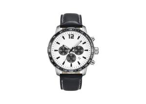 China Mans Stainless Steel Chronograph Watch Tachymeter Leather Strap Plastic Bezel wholesale
