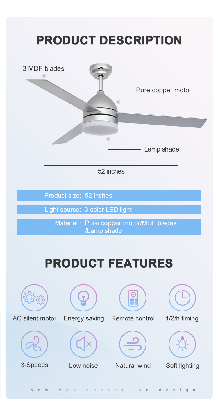 Remote Control 52 Inches LED Bedroom Ceiling Fans with Mulit Colors and Energy Saving