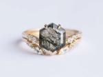 Large Hexagon Moss Agate Statement Wedding Cluster Ring Set