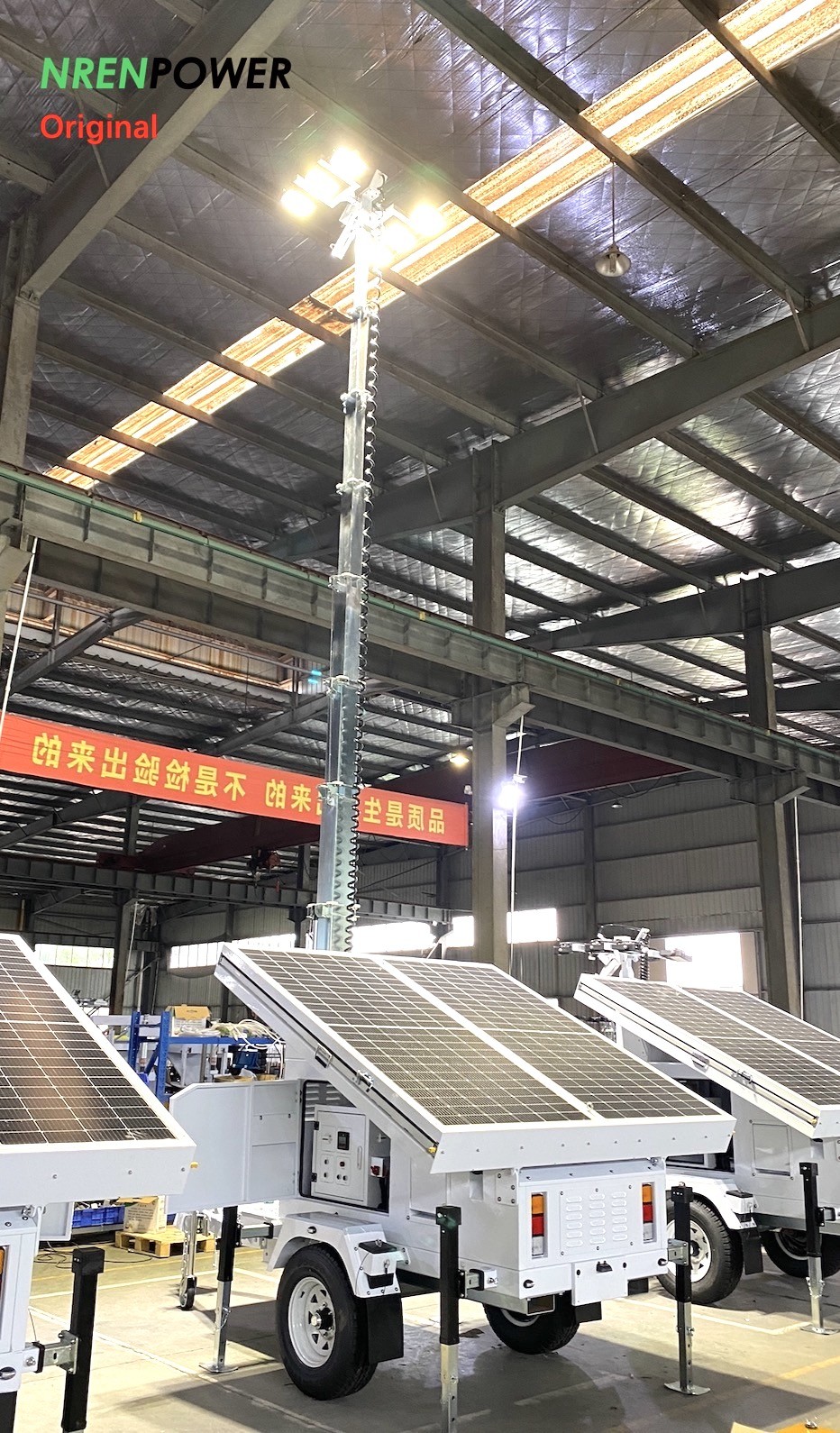 mobile solar trailer lighting tower-9m hydraulic mast-4x435 solar panels-8x200AH batteries