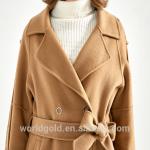 Fashion Ladies Long Woolen Jackets With Belt Camel Color Bathrobe Style