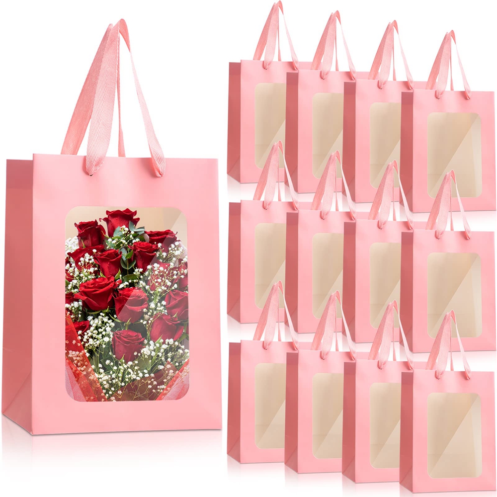 Custom Flower Gift Packaging Kraft Paper Bags With Transparent Window and Custom Logo