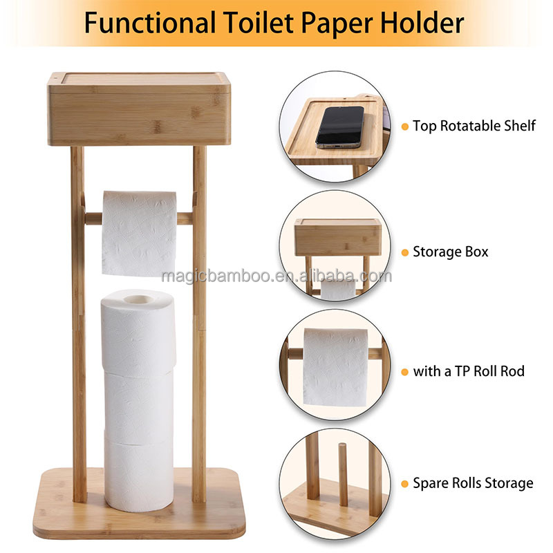 Freestanding Bathroom Storage Rack Bamboo Toilet Roll Holder For Paper