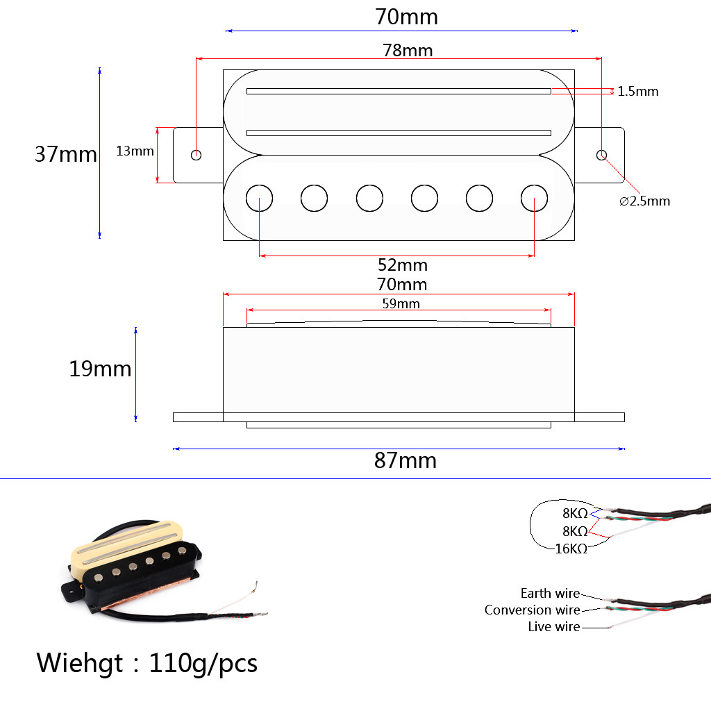 Dual Rail Pickup Double Coil Four Cable Single Humbucker Pickups Yellow Black Plastic