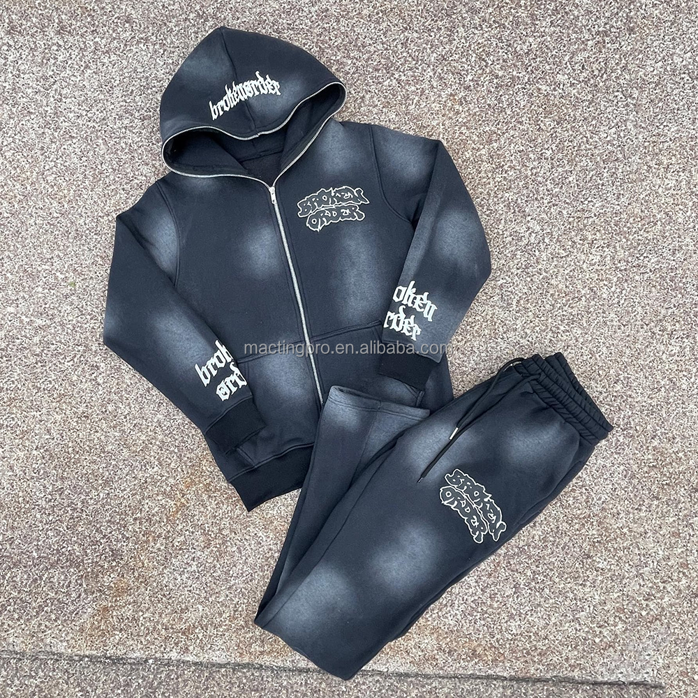 Labels Unisex Men'S Hoodies Set Custom Full Zip Up Hoodie Tracksuit Acid Wash Sweatsuit