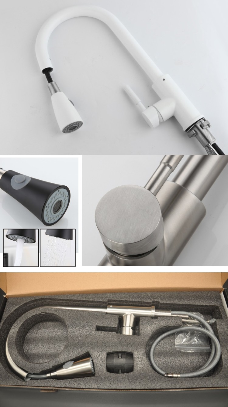 White Stainless Steel Kitchen Faucet Mixer Two Functions Retractable Kitchen Tap