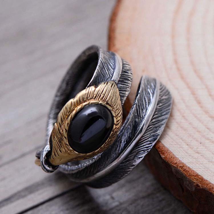 Black Onyx Oxidized Feather 925 Sterling Silver Adjustable Ring (052639BLACK)