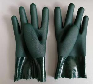 China EN374 Sandy Finish Double Dipped Pvc Knit Wrist Gloves Fully Coated wholesale
